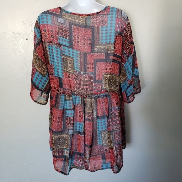 Rokoko Women's Large Patchwork Chiffon Short Sleeve Blouse V-neck Red Blue Top - Picture 7 of 7